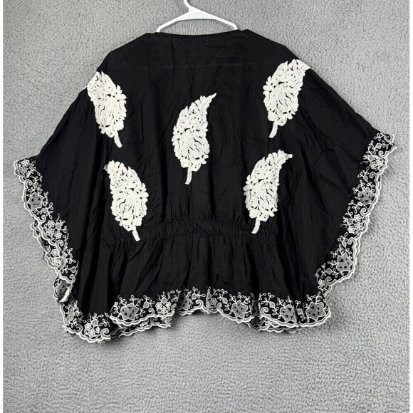 Rancho Estancia Womens Shirt L Black Embroidered Feathers Blouse Top Tunic - Picture 2 of 10